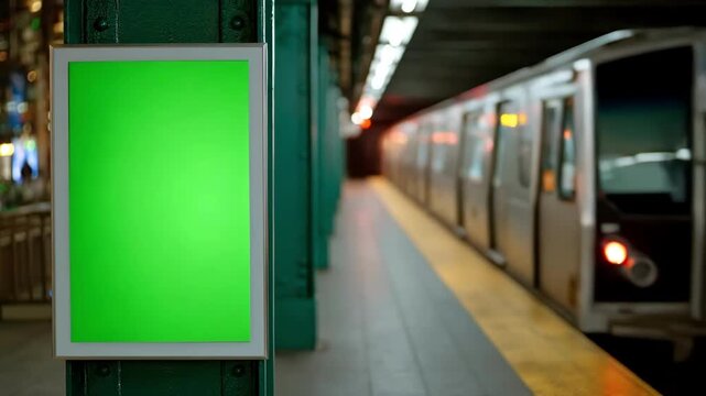 Vertical Green Screen Billboard Displaying Ads In A Subway Station With A Moving Train Approaching