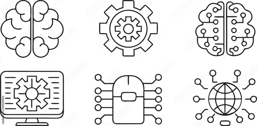 Poster artificial intelligence tools set, machine learning icons, ai brain, algorithm gear, neural network 