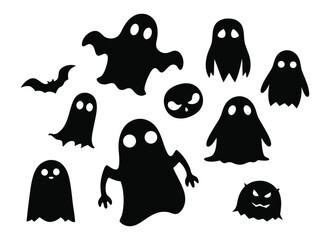 Collection of black cartoon ghosts and a bat silhouette for Halloween vector illustration