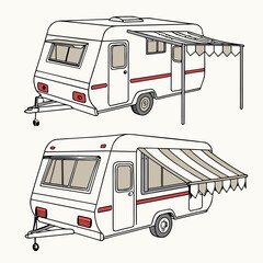 White caravan with red stripe and striped awning trailer camping