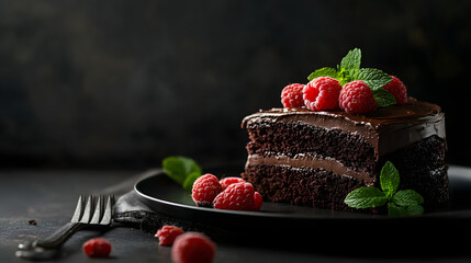 A rich chocolate cake slice with glossy ganache, topped with raspberries and mint leaves.