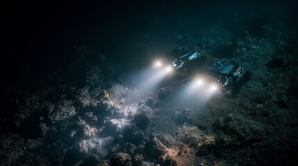 Two robotic underwater vehicles illuminate the seafloor in a dark deep-sea environment. Concept of marine technology, oceanographic research