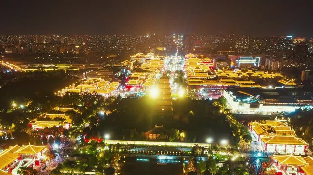 Time lapse aerial view of Xian Dayan Pagoda and city skyline in Shanxi, China