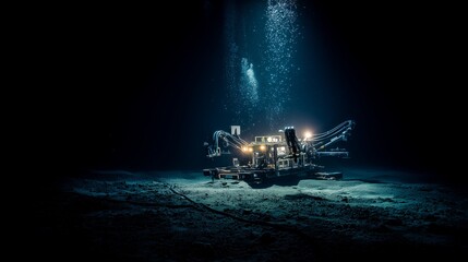 Futuristic robotic underwater mining vehicle excavating deep ocean floor in low light conditions. Concept of seabed mining, marine engineering, and advanced submersible technology.