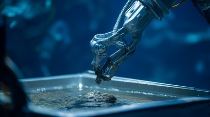 High-tech underwater robotic claw places polymetallic nodules in a metal tray. Concept of deep-sea mining, marine robotics, and ocean floor resource extraction in a futuristic environment.