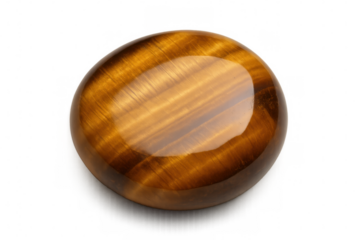 Polished tiger eye gemstone cabochon on a transparent background, exhibiting its chatoyant, silky luster