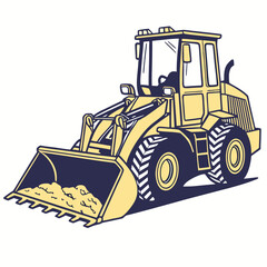Naklejka premium Yellow loader vehicle with dirt in bucket construction blue
