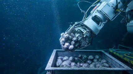 Futuristic underwater robotic manipulator collects shiny polymetallic nodules into a metal container. Concept of deep-sea mining, marine robotics, and ocean resource extraction technology.