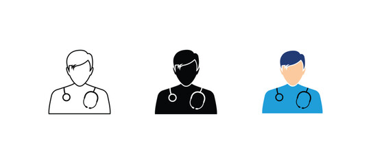 Male doctor icon set vector illustration. Doctor icon stethoscope silhouette isolated. Doctor flat icons. Flat vector illustration isolated on white background.