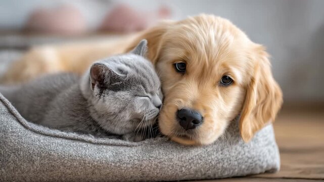 仔犬と子猫が寄り添い朝のひととき