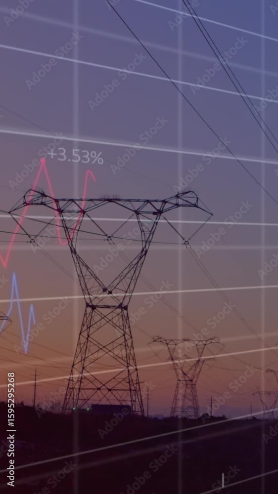 Aufkleber animation of statistical data processing over network towers against sunset sky