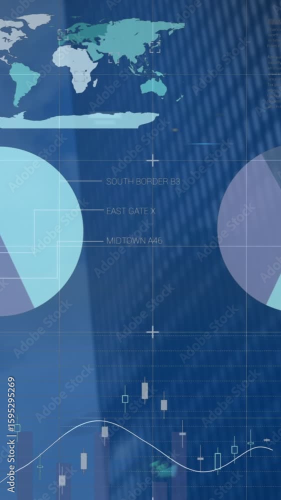 Poster animation of statistics and financial data processing over modern building