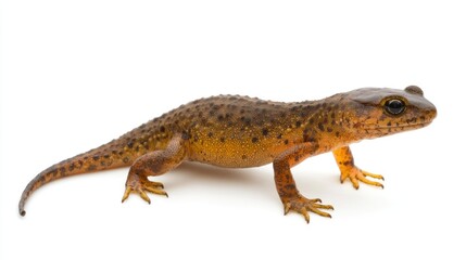Obraz premium A common newt, a small amphibian with a brown and orange body, sits on a white background with its head turned to the side.