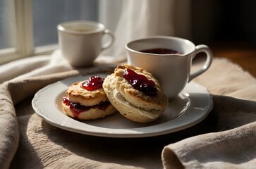 Classic British scones with clotted cream and strawberry jam, served with tea