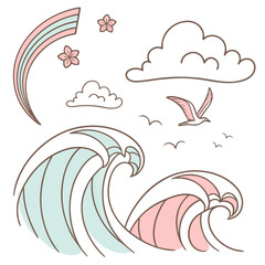 Pastel waves clouds and rainbow ocean water