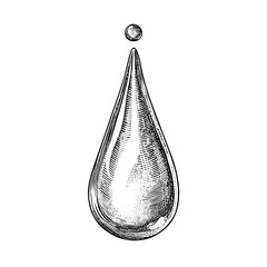 Water droplet falling from point in vintage engraved style  