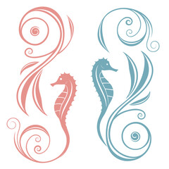 Pink and blue seahorse ornaments ornamental swirls