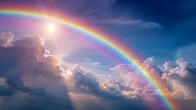 鮮やかな夕空に架かる虹の風景