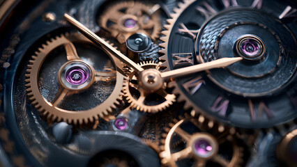 Complex clockwork: Gears, hands, and jewels showcase precision engineering and horology.