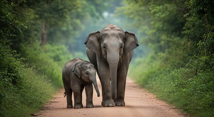 Fototapeta premium A majestic sight: an adult elephant and its adorable calf strolling along a jungle path