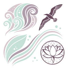 Purple seagull mint waves lotus design graphic illustration