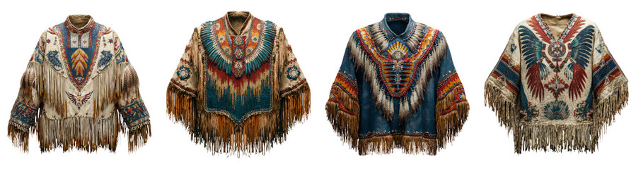 Colorful Tribal Ponchos with Fringe on Transparent Background
