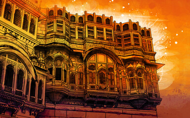 Mehrangarh fort, Rajasthan, India. Suncity  Jodhpur Artistic sketch. Hand drawn watercolour postcard, poster, book illustration