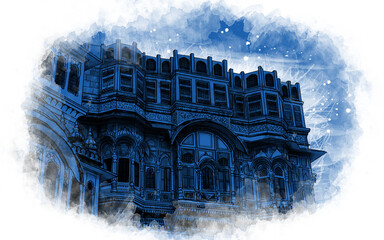 facade fort, Rajasthan, India. blue City  Jodhpur Artistic sketch. Hand drawn watercolour postcard, poster, book illustration