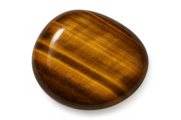 Polished tiger eye gemstone cabochon displaying its remarkable chatoyancy, isolated on transparent background