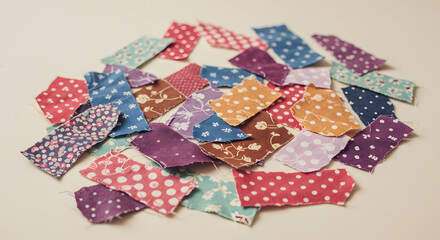 Obraz premium A collection of colorful fabric scraps with various patterns scattered on a light background.