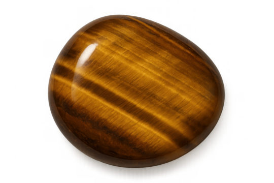Polished tiger eye gemstone cabochon displaying its remarkable chatoyancy, isolated on transparent background