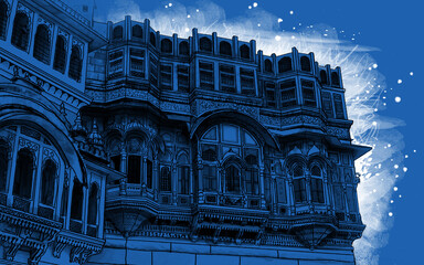 facade fort, Rajasthan, India. blue City  Jodhpur Artistic sketch. Hand drawn watercolour postcard, poster, book illustration