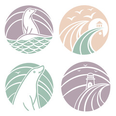 Seal and lighthouse icons with soft pastel colors waves