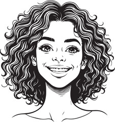 Smiling Portrait: An elegant illustration of a beautiful woman with a captivating smile and curly hair, the perfect embodiment of poise, elegance, and grace.