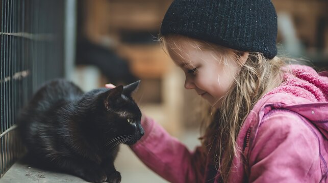 A young child gently petting a sleek black cat at a shelter on adoption day under warm natural lighting