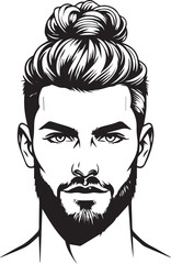 Elegant Man Bun: A refined illustration of a man with a stylish man bun and a well-groomed beard, showcasing a blend of modern and classic aesthetics.