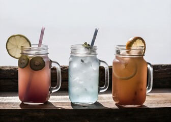 Refreshing Summer Drinks Three Mason Jars Filled with Colorful Fruit Infused Beverages