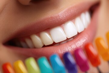 Close-up of a person's smile with teeth and color swatches.
