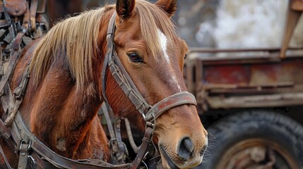 Obraz premium A brown horse with a white mane and tail, wearing a bridle, standing in front of a rusted truck with a snow-covered background.