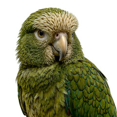 Close up portrait of rare kakapo parrot vibrant moss green feathers intricate textures large round eyes curved beak and fluffy facial disc framing face