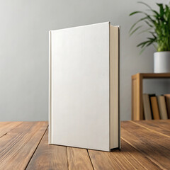Blank white hardcover book standing on wooden table