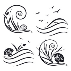 Swirling waves with shells and flying birds seagull