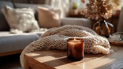 A cozy living room with a lit scented candle on a wooden coffee table soft blankets natural sunlight home atmosphere real photo stock photography