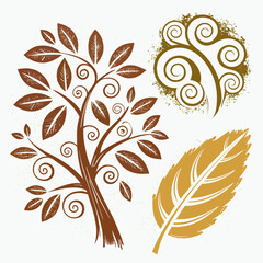 Obraz premium Textured brown tree and gold leaf leaves swirls