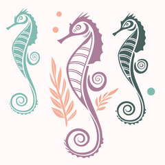 Three stylized seahorses with foliage marine life ocean