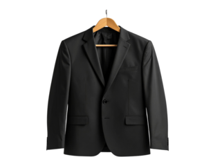  Black Suit on Hanger with Pants Over Arm, Angled Side View, Elegant Presentation, Isolated PNG