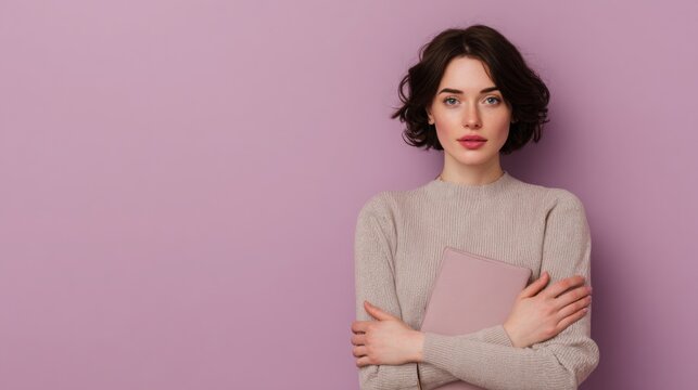 A thoughtful businesswoman embraces her notebook close to her chest, against a soft plum purple backdrop.