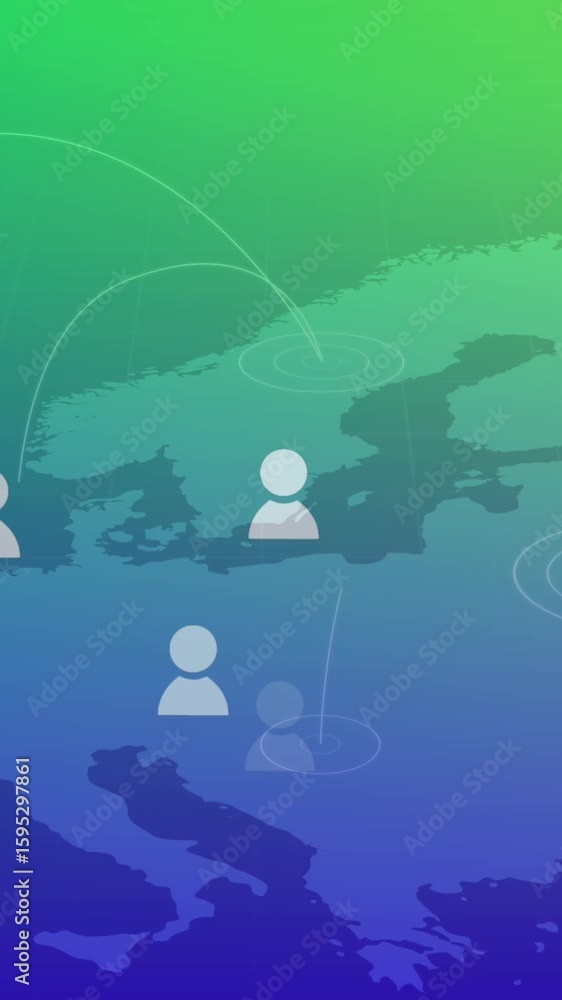 Poster animation of floating profile icons and pulsating circles over world map against gradient background