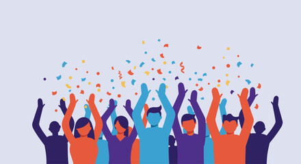 A joyful flat design illustration of an abstract audience cheering and celebrating, embodying the vibrant and enthusiastic atmosphere of the Festival