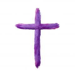 A beautifully crafted watercolor cross in shades of purple, symbolizing faith and spirituality, set against a clean white background for versatility in various designs.